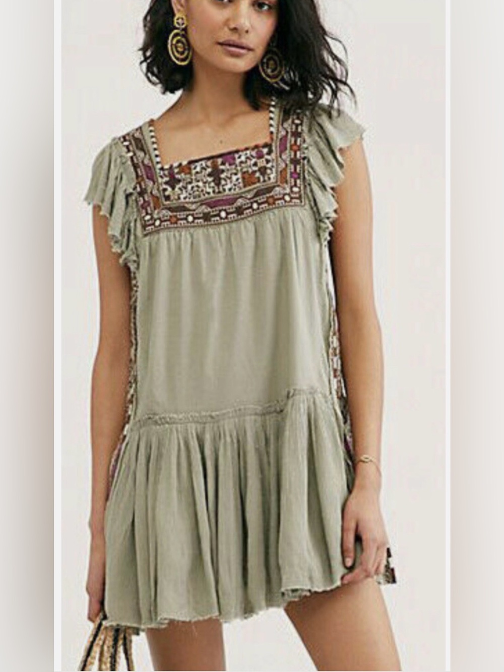 Free People Day Glow Spanish Sage Green Boho Mini Dress with Embroidery Size XS